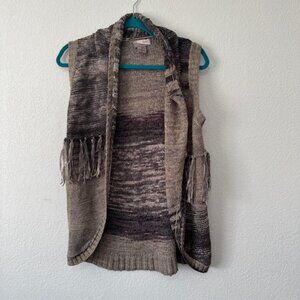 Y2K Sweater Vest Womens Medium Brown Space Dye Fringe Open Front Cardigan